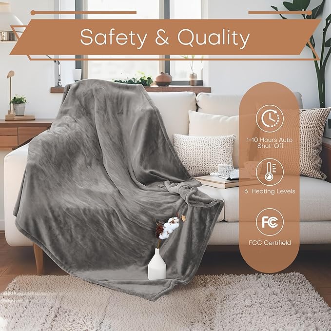 Electric Heated Blanket Throw Size 50"x60" - Flannel & Sherpa Fabric Dual-Sided, 6 Heat Settings & 3 Hours Auto Off, Soft & Cozy Warming Throw for Home, Office, or Bed, Machine Washable, Light Gray