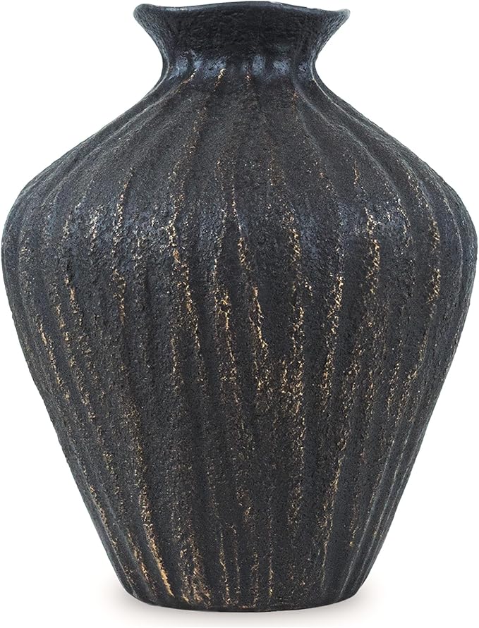 Black Ceramic Vase 7.95 Inch – Handmade with Hand-Painted Gold Detailing – Sculptural Art Decor for Modern Minimalist Home – Organic Tabletop Flower Vase for Living Room or Shelf