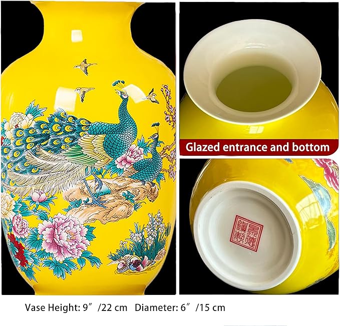 MTME Porcelain Figurines, Jingdezhen Peacock Decorative Flower vase, Home Decor, Wedding Gifts, Aesthetic Sculpture Home décor (Yellow)