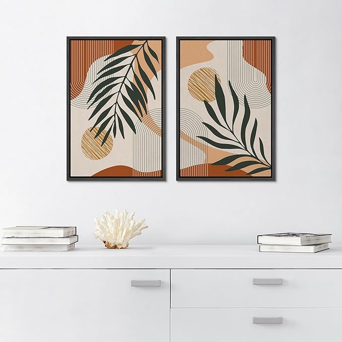 SIGNFORD Framed Canvas Print Wall Art Mid-Century Palm Leaf and Geometry Symbols Abstract Shapes Illustrations Modern Boho Nature Colorful Chic for Living Room, Bedroom, Office - 24"x36"x2 Black