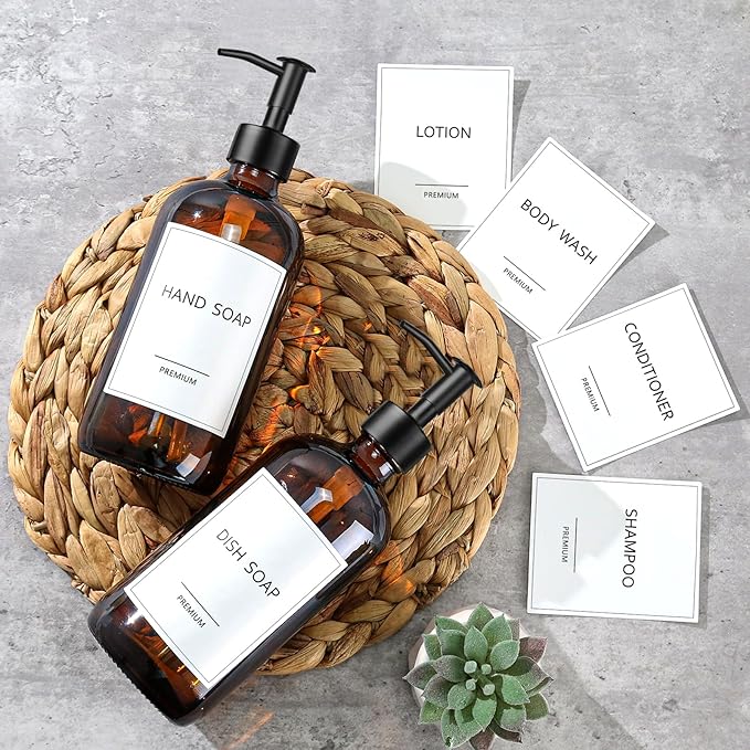 GMISUN Amber Glass Soap Dispenser, 2 Pack Bathroom Hand Soap Dispensers with Stainless Steel Pump, 17 Fl Oz Kitchen Hand and Dish Soap Dispenser Set, Modern Vintage Liquid Brown Soap Dispensers Bottle