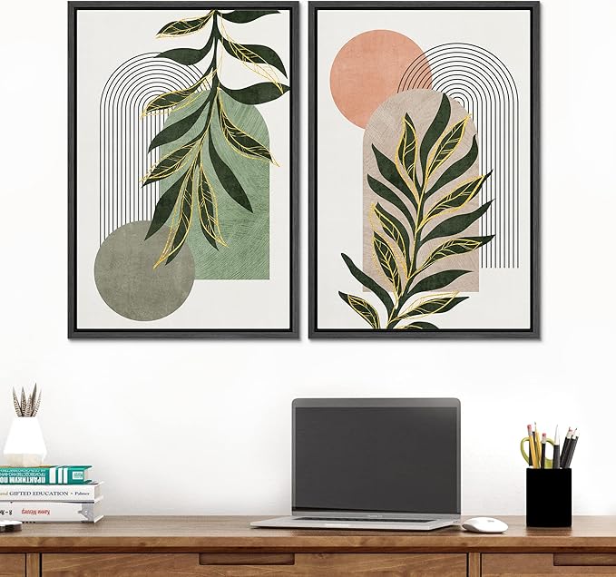SIGNFORD Framed Canvas Print Wall Art Set Jungle Palm Leaf Geometric Polygons Abstract Shapes Illustration Modern Art Decorative Nordic Nature for Living Room, Bedroom, Office - 16"x24"x2 Black