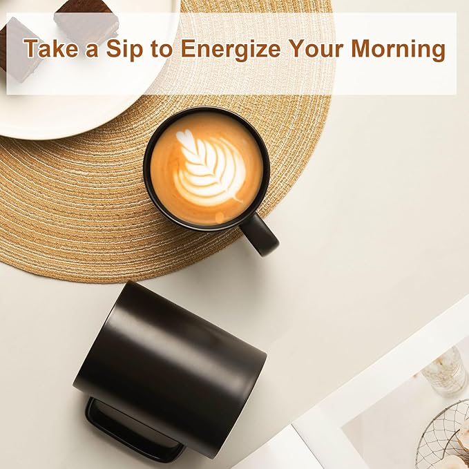 Jassceram Coffee Mugs Set of 6, 18 Ounce Porcelain Mugs for Latte, Hot Tea, Cappuccino, Cocoa and Milk, Ceramic Coffee Cups with Large Handle - Dishwasher & Microwave Safe, Matte Black