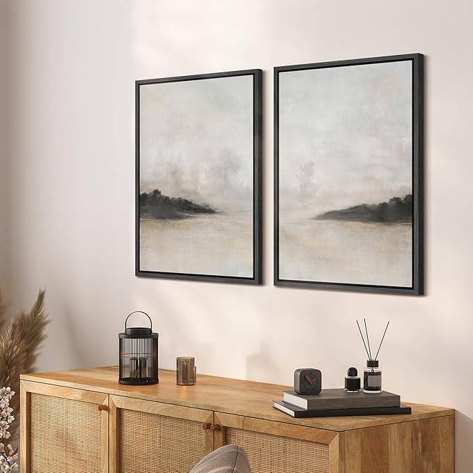 SIGNFORD Framed Canvas Print Wall Art Set Misty Horizon Soft Neutral Toned Landscape Illustration Modern Art Decorative Nordic Nature for Living Room, Bedroom, Office - 24"x36"x2 Black