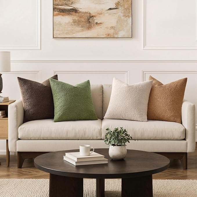 MIULEE Pack of 4 Decorative Textured Boucle Throw Pillow Covers 18x18 Inch Green Brown Accent Solid Pillow Cases Soft Couch Cushion Covers Modern Farmhouse Boho Chair Sofa Bed Livingroom Home Decor