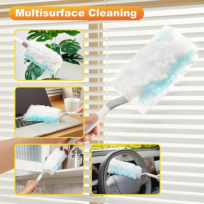 JOYMOOP Disposable Electrostatic Duster for Cleaning,With 1 Handles & 12 Ct Blue Heavy Duty Refills for Swiffer Feather Duster,Household Cleaning Tool for Electronics,Dusting Furniture,Blinds,Pet Hair