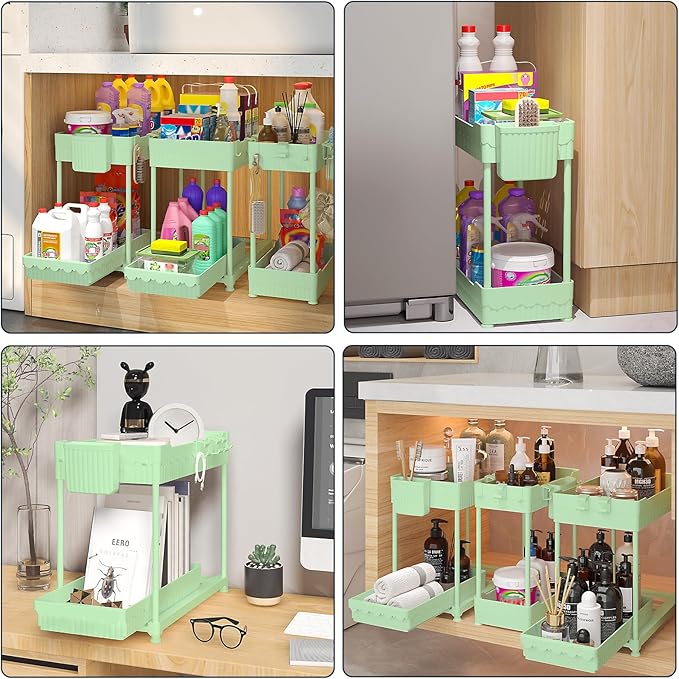 3 Pack Under Sink Organizers, 2-Tier Multi-Use Kitchen and Bathroom Organizers and Storage with Sliding Drawers,Bathroom Cabinet Organizer (Green, 14.8 Inch)