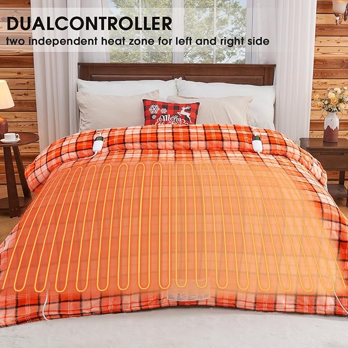 Electric Heated Blanket King Size, 90X100 Orange Blanket with Dual Control&10 Heats Levels&Timer for Bed,Large Plaid Sherpa Heating Blankets Warmer Gifts for Women Grandma Halloween Home Decor, ETL