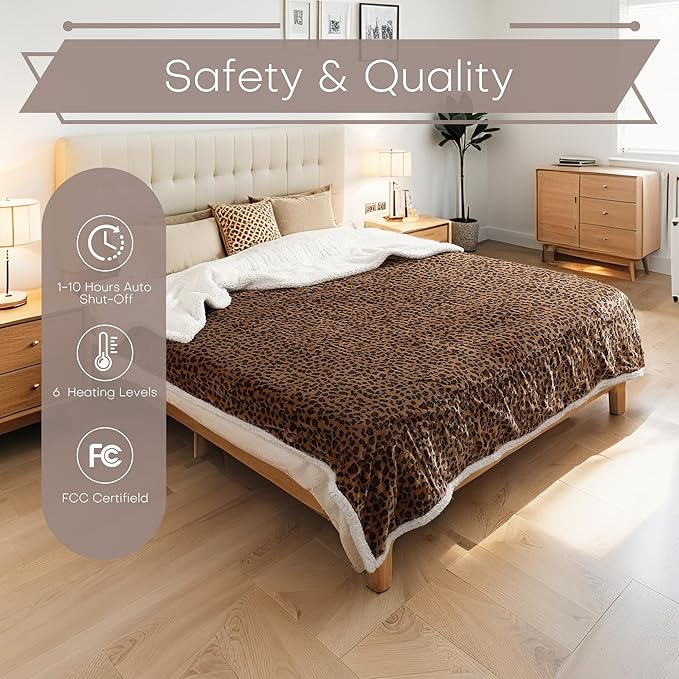 LUXIAN Electric Heated Blanket Full Size 72"x84" - Microplush & Sherpa Fabric Dual-Sided, 6 Heat Settings & 10 Hours Auto Off, Cozy Warming Throw for Office or Bed, Machine Washable, Leopard Print