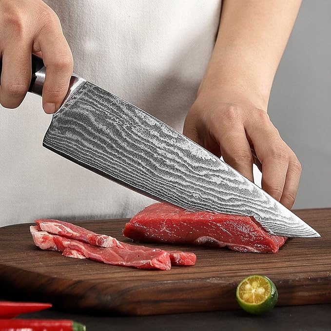 Damascus Kitchen Knife Sets, 9 Pieces Kitchen Knives Set with Block, ABS Ergonomic Handle for Chef Knife Set, Knife Sharpener and Kitchen Shears, Knife Block Set