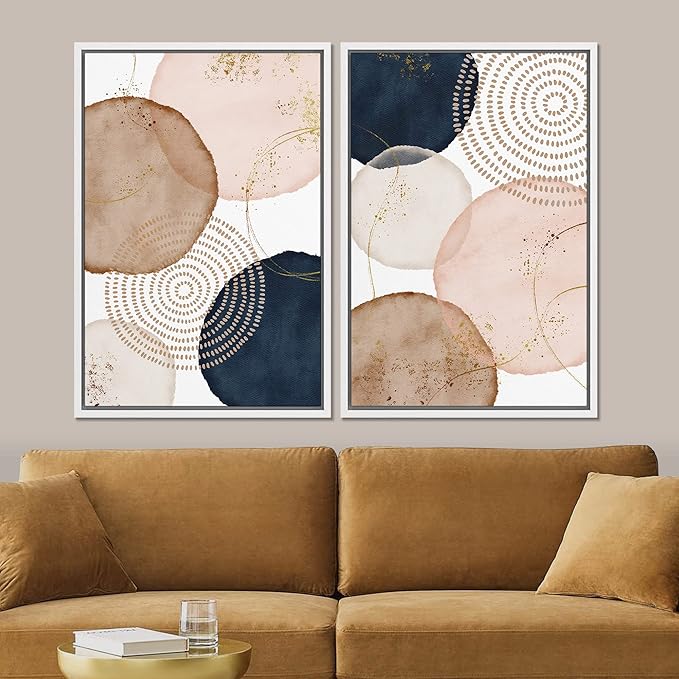 SIGNFORD Framed Wall Art Print Set Pastel Watercolor Vibrant Circle Collage Abstract Shapes Illustrations Modern Minimalist Relax/Calm Multicolor for Living Room, Bedroom, Office - 24"x36"x2 White