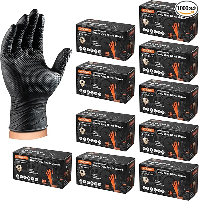 10 Mil Nitrile Disposable Gloves Heavy Duty Mechanic Gloves Raised Diamond Texture Thick (Black of 1000, Medium)