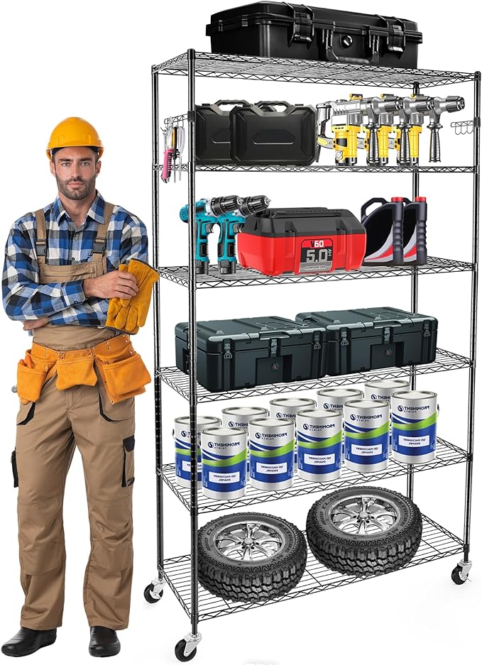 YNN Storage Shelves,2100Lbs 6 Tier Heavy Duty Metal Rolling Shelving Unit with Wheels & 8 Hooks, Adjustable Garage Wire Rack for Kitchen, Bathroom,Industrial,Pantry(36" W x 14" D x 72" H,Black)