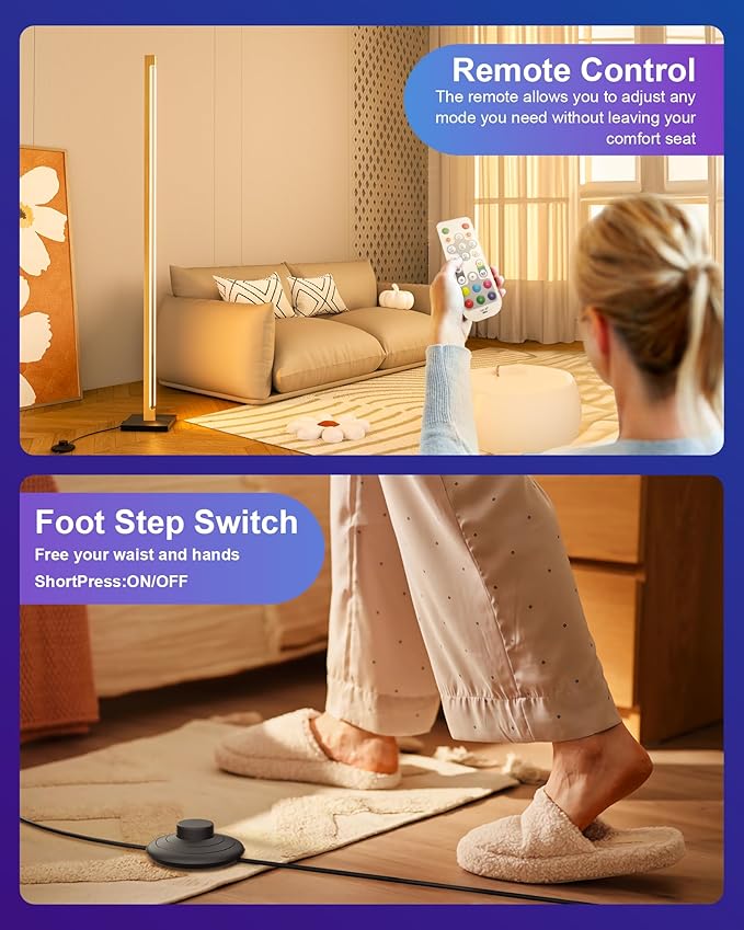Aluminum Floor Lamp with Remote, Gold LED Corner Floor Lamp with Alexa, 3000K and RGB CCT Smart Corner Lamp with DIY Music Sync and 16 Million Colors, dimmable Standing Lamp for Bedroom Living Room