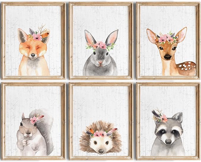 DREAM BIG PRINTABLES Woodland Animals Nursery Wall Art Prints (Set of 6) - Unframed - 8x10s | Farmhouse Boho Art - Great Baby Shower Gift - Unisex for Boys and Girls - Kids Bedroom Decor