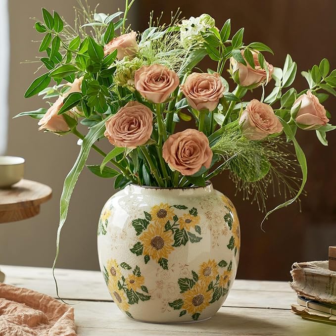 Levvohd Round Pastoral Ceramic Vase, 6.3 Inch Vintage Sunflower Yellow Floral Retro Ice Cracked Rustic Antique Flower Vases for Living Room Home Decor (Large Round)