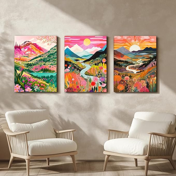 DUWQU 3 piece Colorful Watercolor Mountain Canvas Wall Art Boho Floral Painting Picture Wall Decor Abstract Nature Landscape Poster Print Artwork for Living Room Bedroom Bathroom Office 16x24 Inches