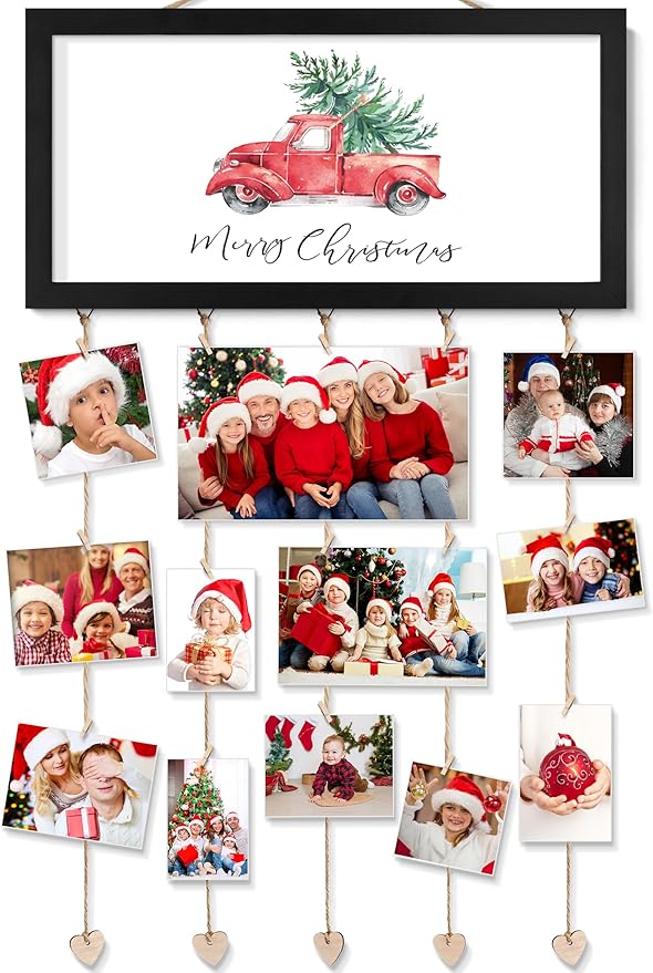 Christmas Card Holder Display Collage Picture Frames For Wall Interchangeable Holiday Decor Clips Photo Holders Merry Christmas Hanging Sign Wooden Photo Holder for Gift Card Holder Christmas Decor