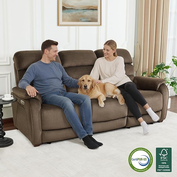 MCombo Wall Hugger Recliner Sofa with Drop Down Table, Power Reclining Sofa with Adjustable Headrest, USB A&C Charge Ports, Reading Lamp, Cup Holders, for Living Room, RVs (Fabric, ST258M3, Coffee)