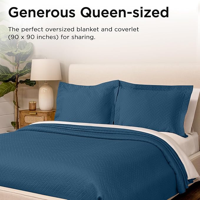 Threadmill Luxury Cotton Blankets for Queen Size Bed | All-Season 100% Cotton Queen Size Blanket | Criss Cross Cozy Lightweight, Soft Breathable Coverlet fits Full Size Bed, 90x92 | Folkstone Blue