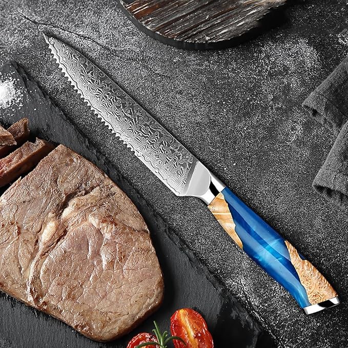 Damascus Steel Steak Knife, Resin Wood Handle, Stainless Steel Western Style Steak Knives of 12, Kitchen Serrated Set Knife Slicing & Cutting