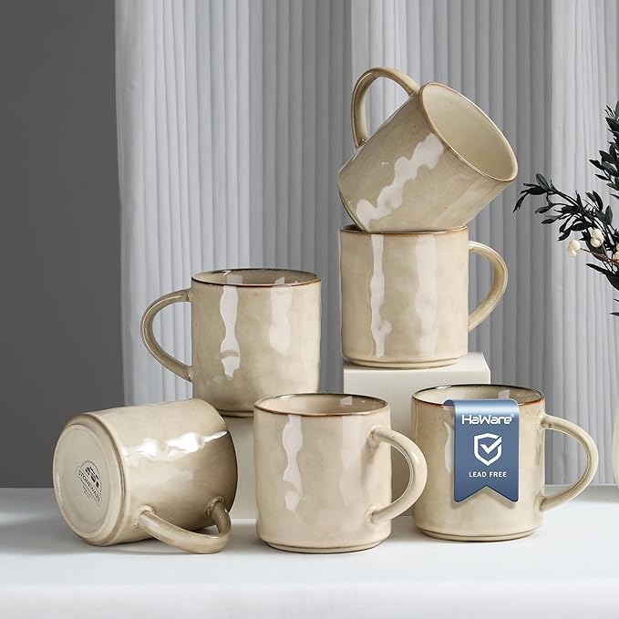 HaWare 14OZ Coffee Mugs Set of 6, Stoneware Coffee Cups with Handle, Latte Mug for Man, Woman, Dad, Mom, Modern Tea Mugs for Latte/Cappuccino/Cocoa/Milk, Dishwasher& Microwave Safe, Saturn Khaki