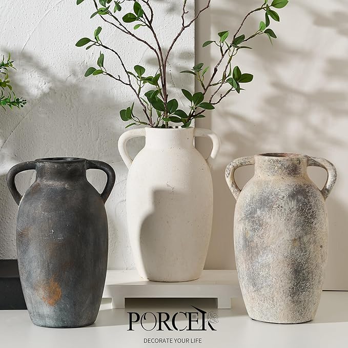 9.84 Inch Terracotta Vase with Handles, Ceramic Rustic Vase for Home Decor, Vintage Antique Farmhouse Decor for Living Room, Table, Thanksgiving - Black Bronze