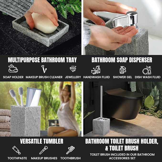 Bathroom Accessories Set - Soap Dispenser, Toothbrush Holder, Soap Dish, Toilet Brush & Toilet Brush Holder - Grey Stone Bathroom Accessories Set - Modern Bathroom Organizer Set (Silver)
