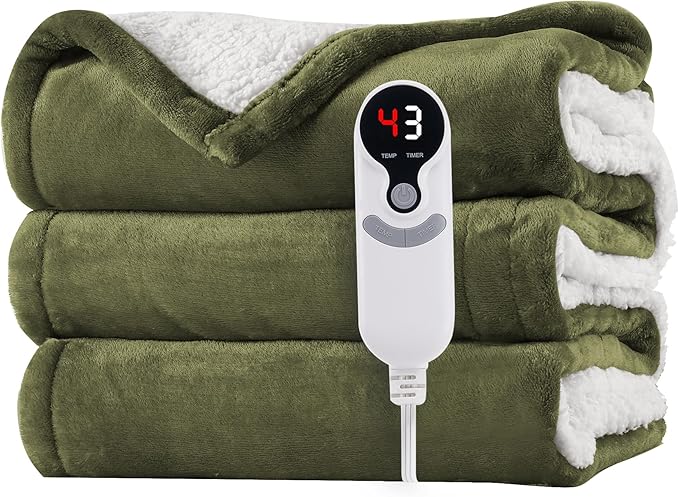 Electric Heated Blanket Twin Size 62"x84" - Microplush & Sherpa Fabric Dual-Sided, 6 Heat Settings & 1-10 Hours Auto Off , Cozy Warming Throw for Home, Office, or Bed, Machine Washable, Olive Green