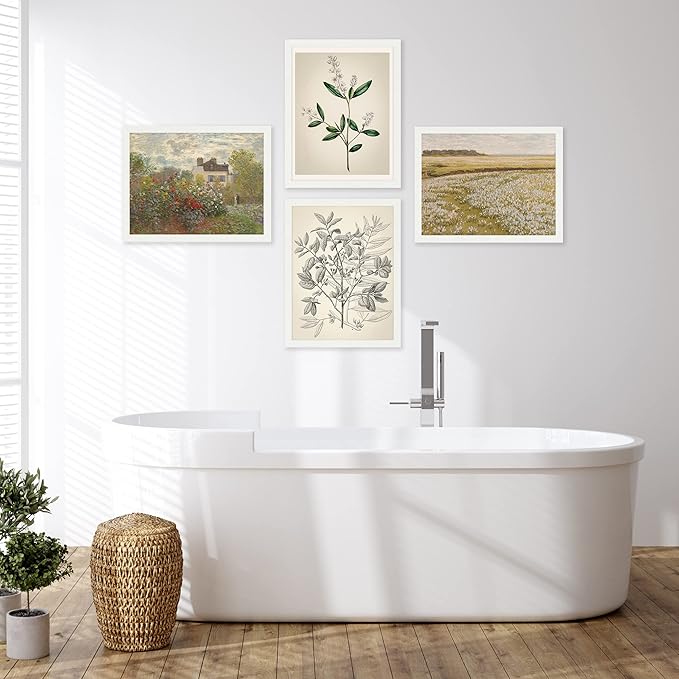 SIGNWIN Framed Poster Bathroom Decor 8"x10"x 4 White, Wall Art Room Decor Multicolor for Living Room, Bedroom, Office Autumn Spring Rustic Flower Landscape Classic Vintage Retro Illustrations