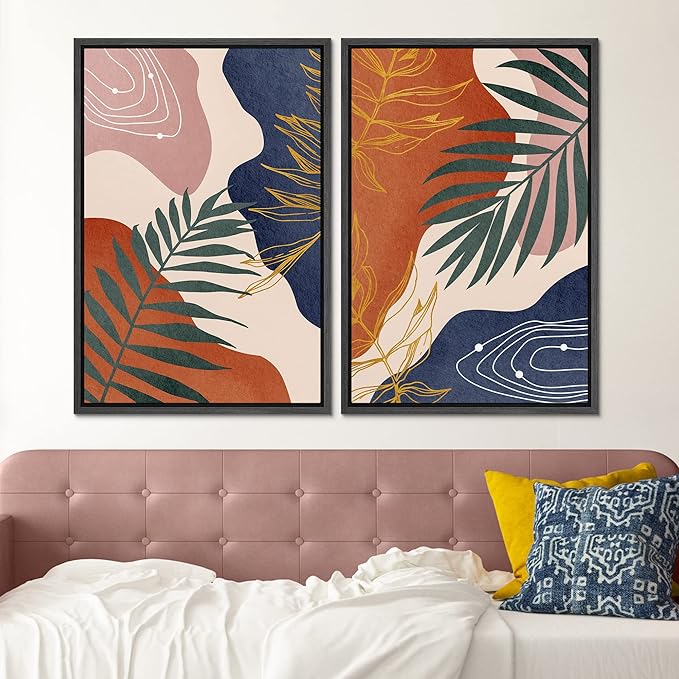 SIGNFORD Framed Canvas Print Wall Art Set Retro Mid-Century Geometric Forest Plants Abstract Shapes Illustrations Modern Art Decorative Bohemian for Living Room, Bedroom, Office - 16"x24"x2 Black