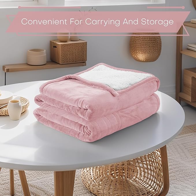 Electric Heated Blanket Throw Size 50"x60" - Flannel & Sherpa Fabric Dual-Sided, 6 Heat Settings & 3 Hours Auto Off, Soft & Cozy Warming Throw for Home, Office, or Bed, Machine Washable, Light Pink
