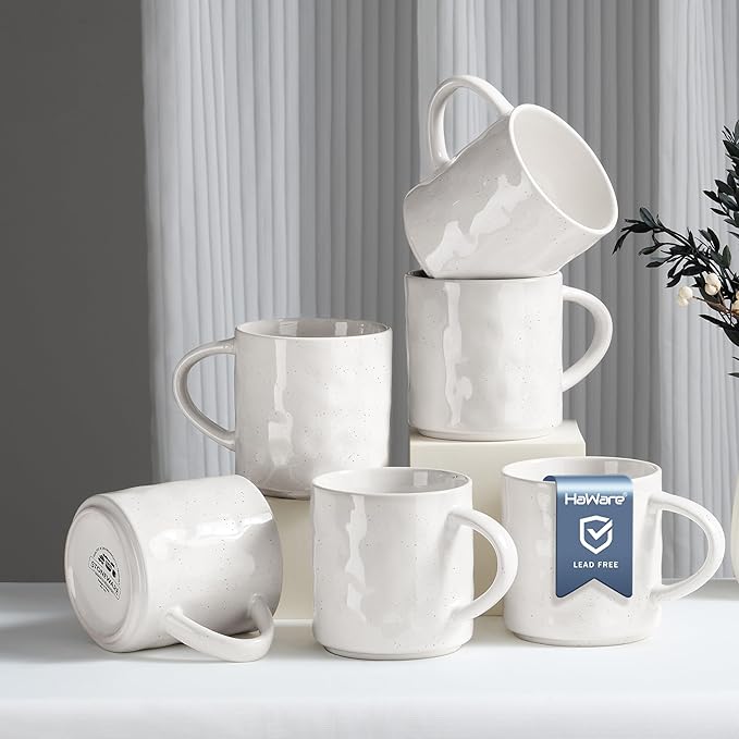 HaWare 14OZ Coffee Mugs Set of 6, Stoneware Coffee Cups with Handle, Latte Mug for Man, Woman, Dad, Mom, Modern Tea Mugs for Latte/Cappuccino/Cocoa/Milk, Dishwasher& Microwave Safe, Speckled White