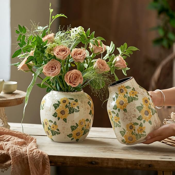 Levvohd Round Pastoral Ceramic Vase, 6.3 Inch Vintage Sunflower Yellow Floral Retro Ice Cracked Rustic Antique Flower Vases for Living Room Home Decor (Large Round)