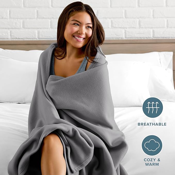 Bare Home Polar Fleece Blanket - Extra Long - Grey - Warm & Cozy - Premium Fleece Throw for Bed, Sofa, Camping, Travel and Cold Nights - Lightweight Blanket (Twin/Twin XL, Grey)