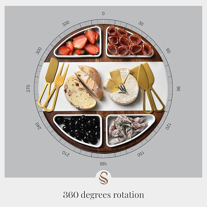 Shanik Upgraded Lazy Susan Cheese Cutting Board Set - Round Acacia Charcuterie Board With 4 Ceramic Bowls - Wedding Gifts - Cheese Serving Platter - Bridal Shower