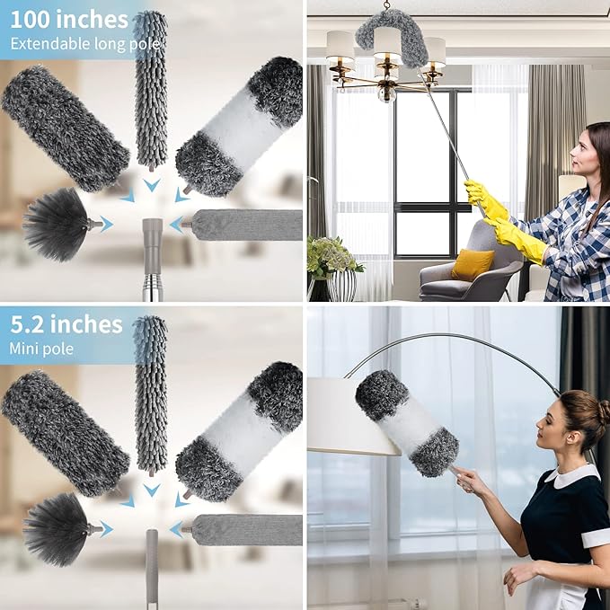 Microfiber Feather Duster with Extension Pole 30 to 100 inches, Reusable,Bendable, Washable Dusters for Cleaning Ceiling Fan, High Ceiling, Blinds, Furniture & Cars, 12PCS