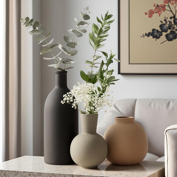 Ceramic Vase Set of 3, Modern Minimalist Farmhouse Style Home Decor Vases, Ideal for Pampas Grass & Dried Flowers, Perfect for Kitchen, Bedroom, Living Room & Dining Table Centerpiece (Multicolor)