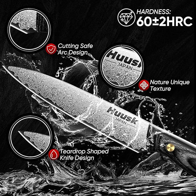 Huusk Damascus Kitchen Utility Knife, Japanes VG10 Small Chef Knife 5 inch with Ergonomic Wooden Handle, Versatile Knife for Vegetable Fruit Meat,Birthday Dad Mom Gift