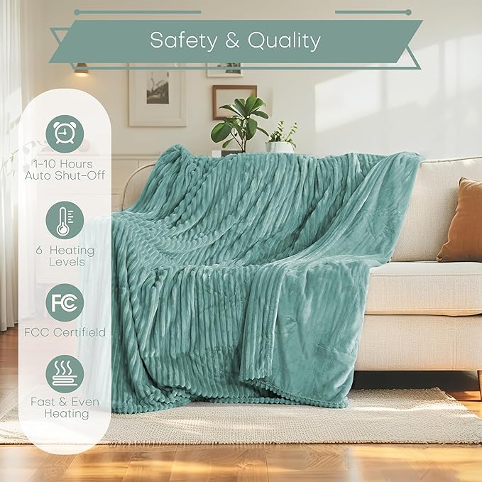 Electric Heated Blanket 50"x60" Throw Size with Cozy Flannel, 6 Heat Settings & 3 Hours Auto Off, Soft & Cozy Warming Throw for Home, Office, or Bed, Machine Washable, Bean Green