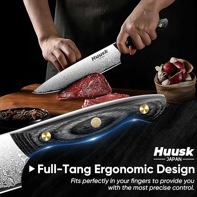 Huusk Damascus Chef Knife 8 inch, VG10 Kitchen Knife, Sharp Cooking knife with Ergonomic Wooden Handle for Vegetable Fruit and Meat Cutting, Birthday Dad Mom Gift