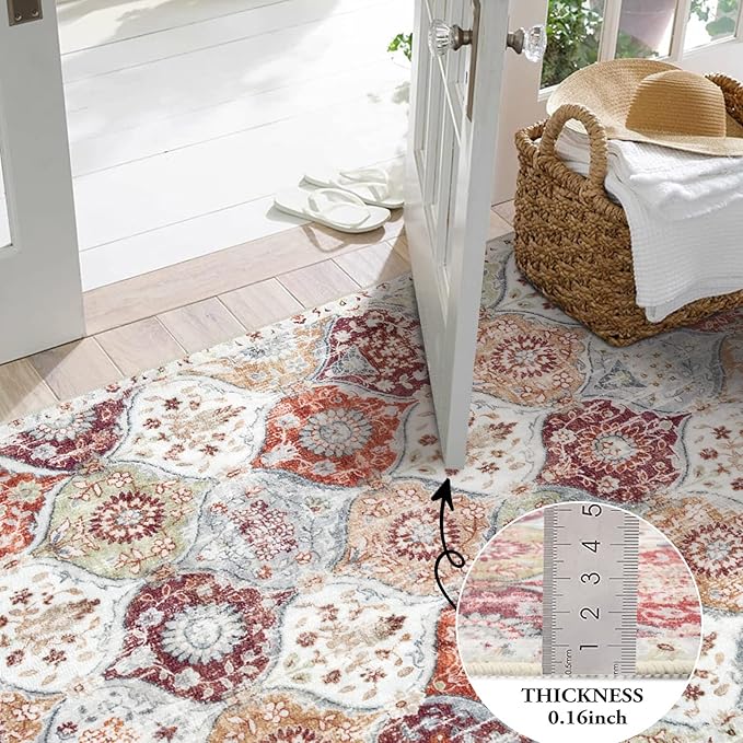 Lahome Moroccan Trellis Washable Round Area Rug, Soft Round Rugs 6ft Ultra-Thin Non-Slip, Vintage Large Circle Carpet for Bedroom Living Room Kitchen Nursery, Orange/Terracotta