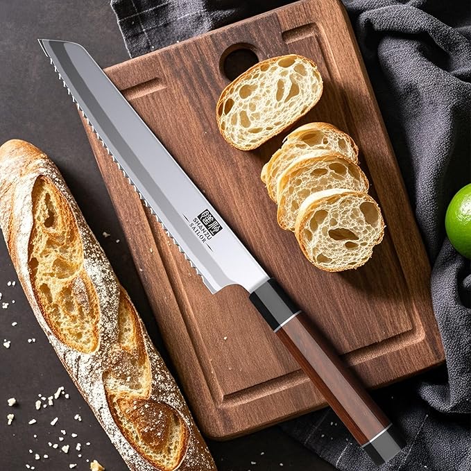 SHAN ZU 8 Inch Japanese Bread Knife, 9 Layers 10Cr15MoV High Carbon Steel Bread Knives for Homemade Bread, Sharp Sourdough Bread Knives with Red Sandalwood Handle, Long Serrated Bread Cutting Knife