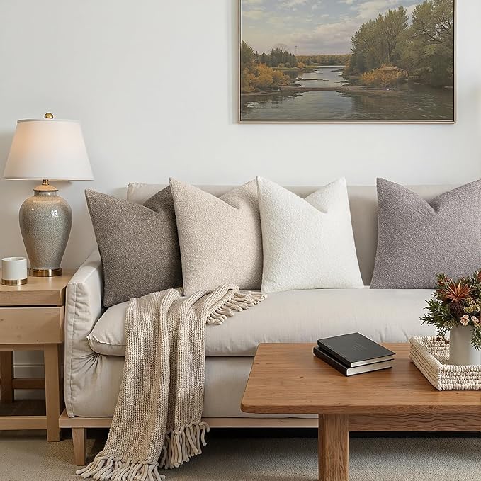 MIULEE Pack of 4 Decorative Textured Boucle Throw Pillow Covers 24x24 Inch Neutral Accent Euro Sham Pillow Cases Soft Couch Cushion Covers Modern Farmhouse Boho Chair Sofa Bed Livingroom Home Decor