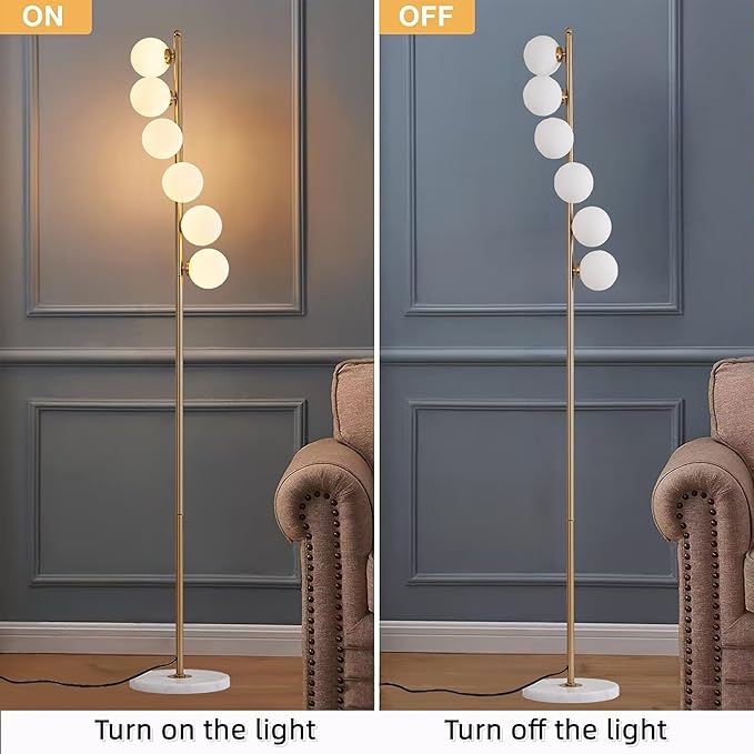 NKU Mid Century Floor Lamp Unique Glass lamp with Foot Switch, Modern Standing Tall Lamp for Living Room 3 Color Temperatures 6 Globe Floor Lighting for Bedroom Office(Gold)