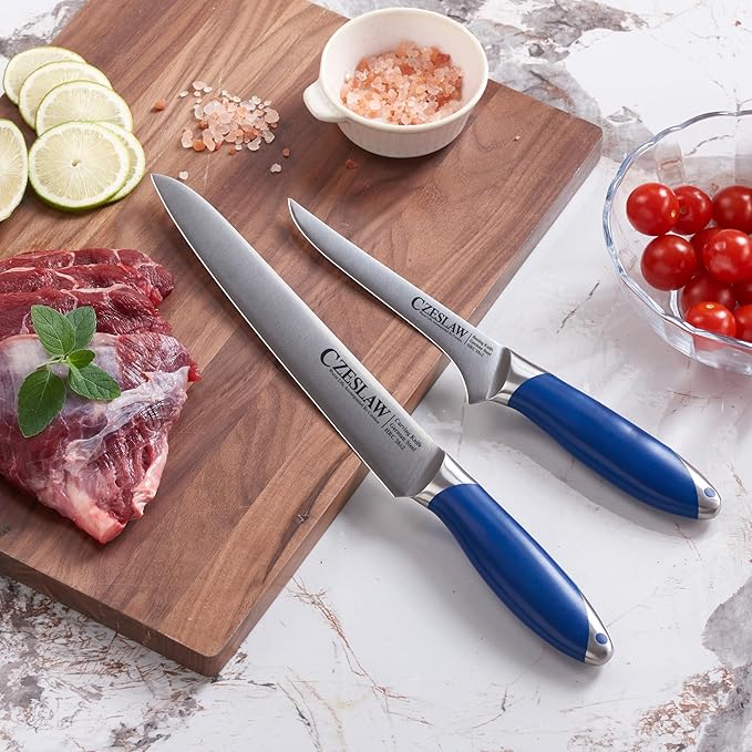 Carving Knife 2pcs, Brisket Knife and Slicing Knife, Meat Cutting and BBQ Knife, Razor Sharp Carving Knife for Meat, Forged from High Carbon German Steel, Full Tang Prussia Blue Handle