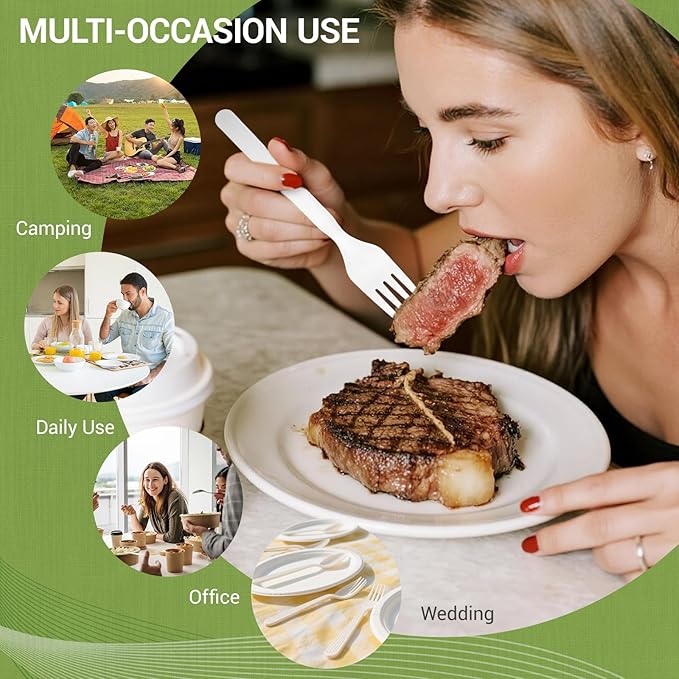 100% Compostable Froks - 100Pcs Heavy Duty Forks Disposable Utensils, BPA-Free, Heat Resistant, CPLA Disposable Forks, BPI Certified CPLA Disposable Cutlery for Party, Office & Picnic
