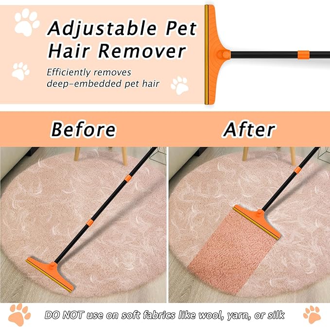 Carpet Rake for Pet Hair Removal - Reusable Pet Hair Remover, 60” Adjustable Long Handle Cat Dog Carpet Rake Scraper, Dog Hair Rake Brush for Rugs, Mats, Couch