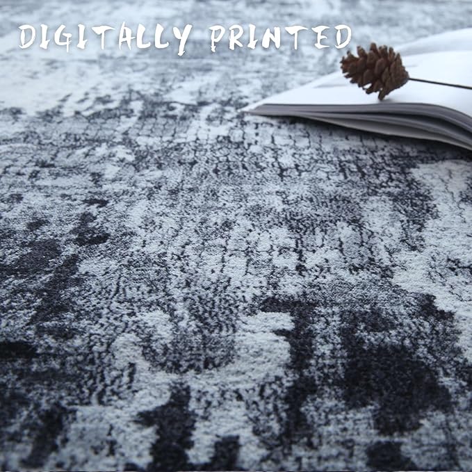 Rugcomf 4x6 Rug Washable Boho Soft Area Rug Abstract Pattern Non-Slip Faux Wool Vintage Rug for Living Room, Bedroom Rug, Farmhouse, Dining Room, Kids Playroom, Grey and Black