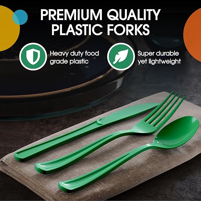 Party Solids Emerald Green Plastic Silverware Heavy Duty 150 Pieces Green Plastic Cutlery Sets, Utensil Sets, 50 Of Each Forks, Knives & Spoons Disposable Cutlery Set, Flatware Set For Party Supplies